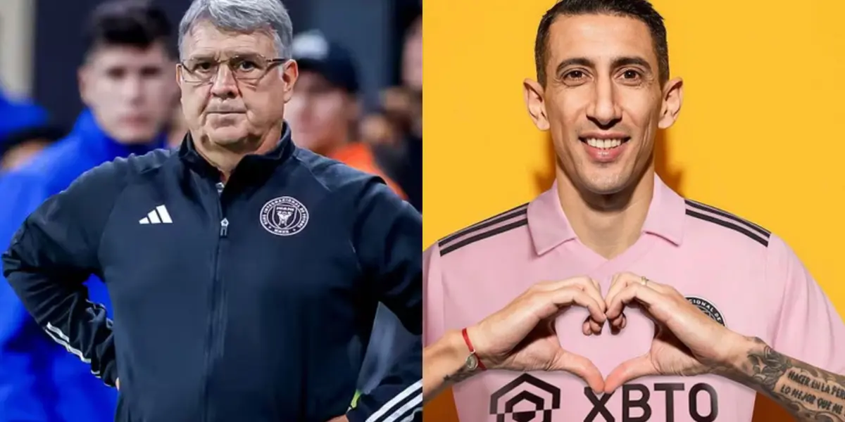 Tata Martino y Di María con ropa del Inter Miami.