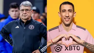 Tata Martino y Di María con ropa del Inter Miami.