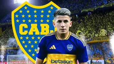 Thaigo Almada dentro de la Bombonera, vestido de Boca.