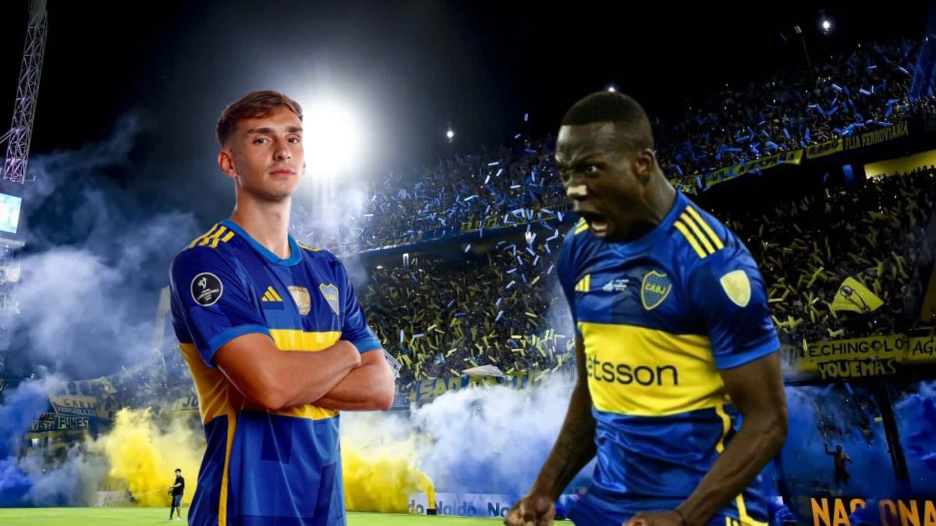 Tiago Simoni y Luis Advíncula con la camiseta de Boca.