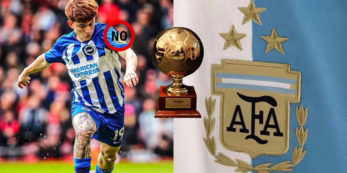 Valentín Barco con el uniforme de Brighton y escudo de AFA.