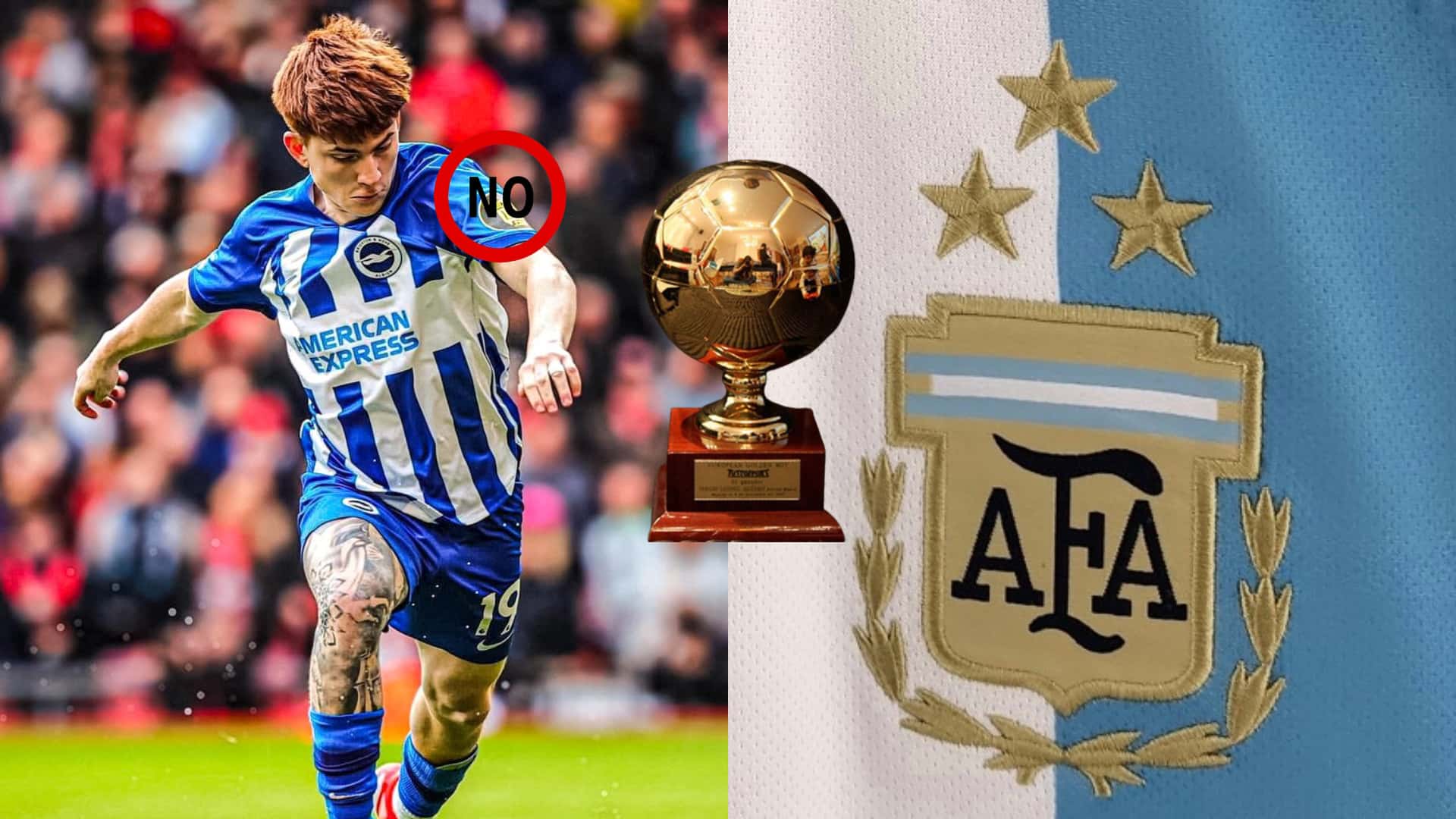 Valentín Barco con el uniforme de Brighton y escudo de AFA.