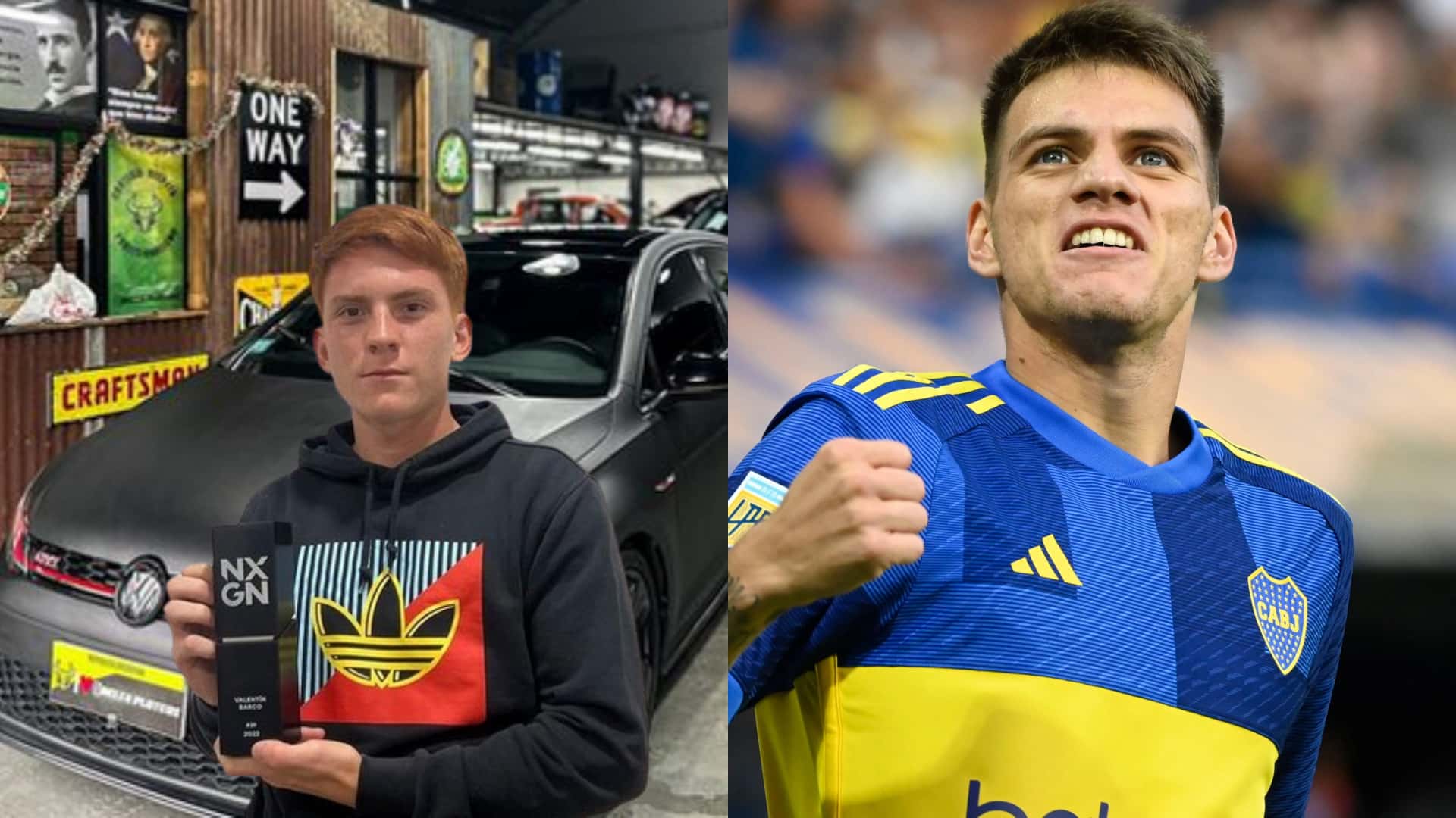 Valentín Barco delante de un Golf GTI. A su lado Kevin Zenón festeja un gol en Boca.