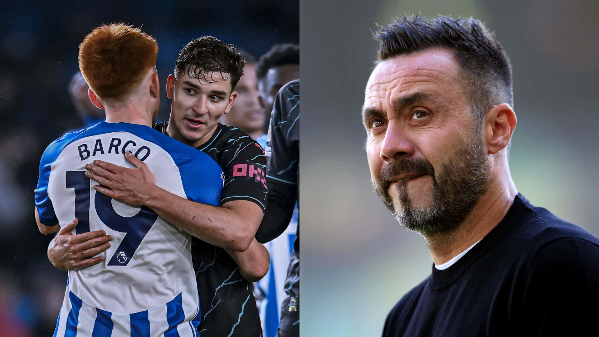 Valentín Barco y Julián Álvarez se abrazan tras el duelo entre Brighton y Manchester City