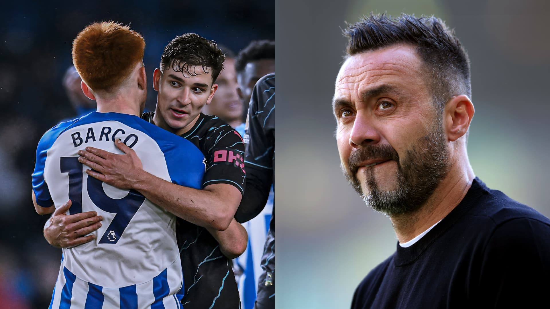 Valentín Barco y Julián Álvarez se abrazan tras el duelo entre Brighton y Manchester City